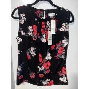Calcin Kelin Large  Sleeveless Shirt NWT Black w/Red/White Flowers Woman's Work